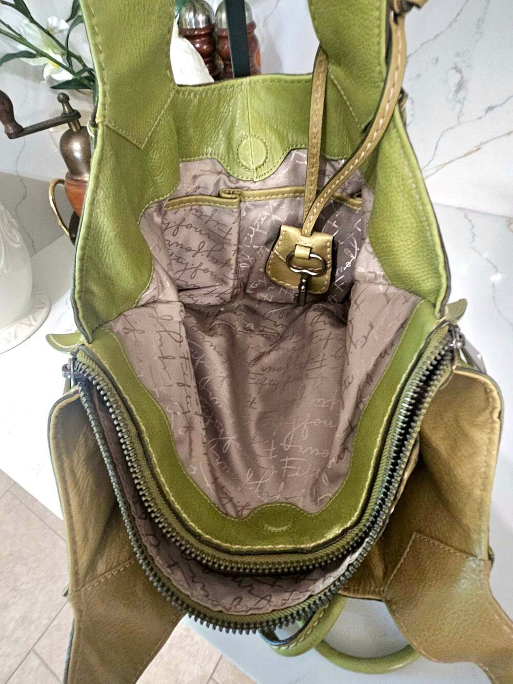 Fifty Four Fossil Green Leather Shoulder Bag with Bamboo-Style Toggle Closure - Picture 8 of 10